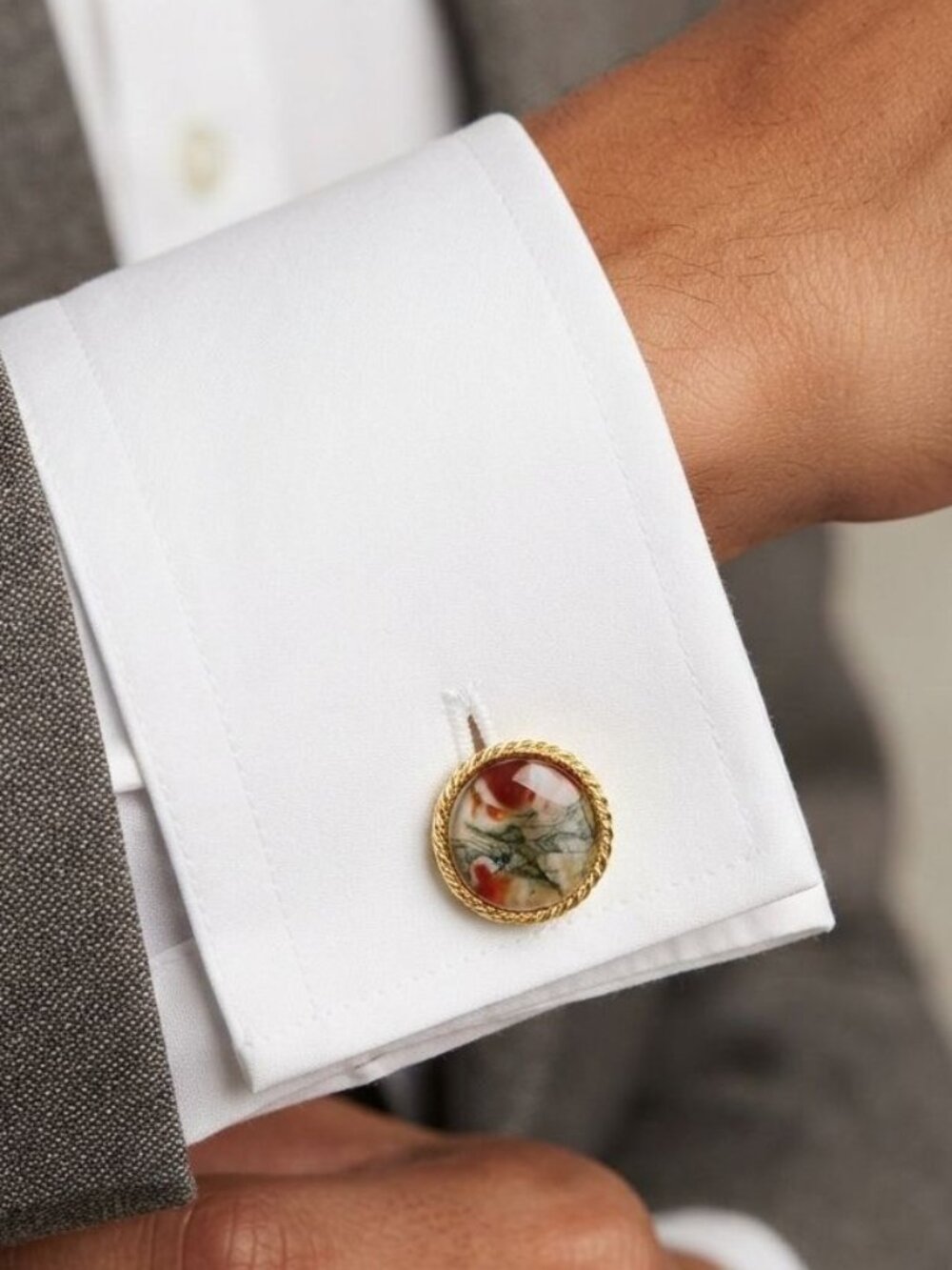 Vintage Hadley Karat Klad Red Moss Agate Cufflinks, Gold Plated Gemstone Cuff Li